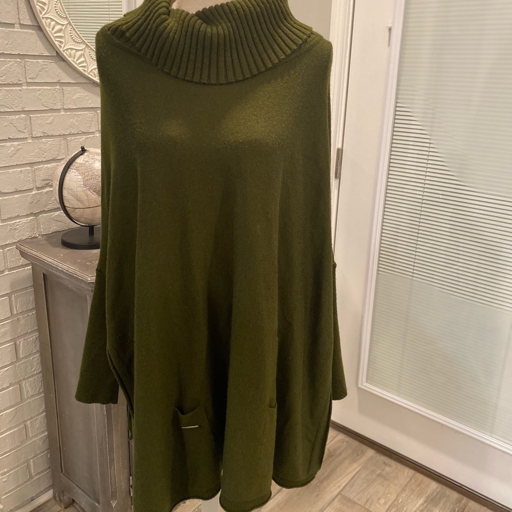Mersea Olive Green Turtleneck Poncho Sweater One Size Split Front Lagenlook boho